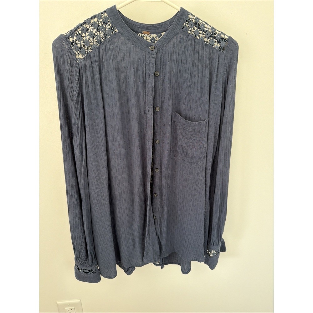 Free People Blouse Women Large Blue Excellent Lace Long Sleeve Button Front Boho